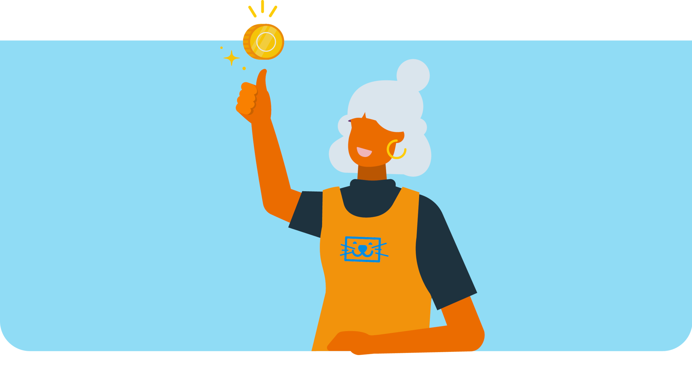 Illustration of a woman wearing an apron and flipping a gold coin.